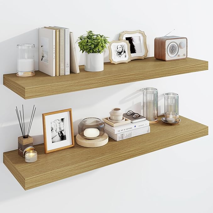Marsmiles 39" Floating Shelves for Wall, Wooden Shelves with Invisible Brackets Set of 2, Rustic Farmhouse Wall Mounted Shelf for Kitchen Bathroom Living Room Study, Natural Oak-Ruum Studio Home