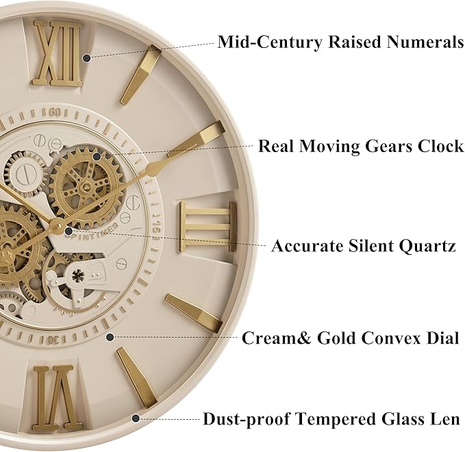 CLXEAST Mid Century Minimalist Modern Wall Clocks,24 Inch Wall Clock with Moving Gears, Large Cream Gold Wall Clocks for Living Room Decor,House Warming Gifts New Home-Ruum Studio Home