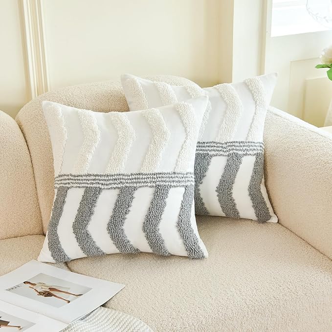 HOdo Home 18x18 Throw Pillow Covers, 2PCS Tufted Boho Jacquard Pillow Covers,Farmhouse Decorative Pillow Cover,Pillow Cases for Couch Sofa Bed Stylish Decor, Simple Textured Cushion Sham-Ruum Studio Home