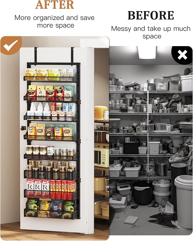 8-Tier Over the Door Pantry Organizer, Large Metal Door Spice Rack with Adjustable Basket, 2 in 1 Wall Mount or Hanging Heavy-Duty Pantry Door Storage Shelf for Kitchen and Bathroom, Black-Ruum Studio Home