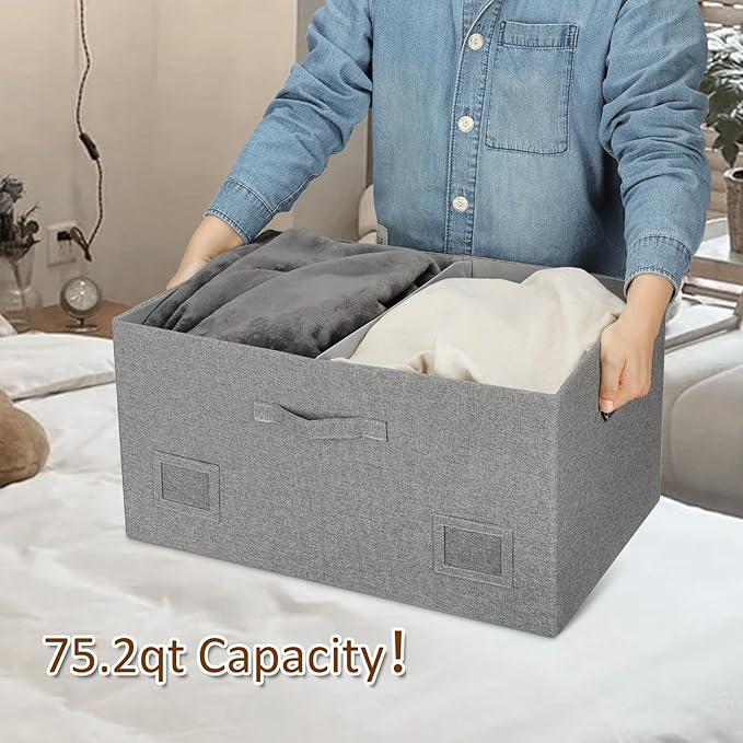 75 Quarts Extra Large Decorative Storage Bins with Lids, 3 Packs Gray Collapsible Storage Bins with Lids, Stackable Storage Bins Decorative Box Storage With Lid Extra Large-Ruum Studio Home