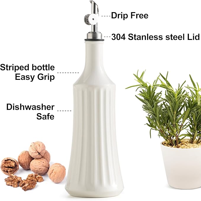 LYEOBOH Olive Oil Dispenser Bottle, Oil Dispenser for Kitchen, Ceramic Cooking Vinegar Dispensing Bottles with Spout, White-Ruum Studio Home