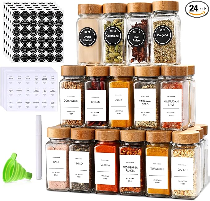 DIMBRAH Spice Jars with Label 24Pcs,Seasoning Containers,Glass Spice Jars with Bamboo Lids,Kitchen Essentials,Spices Container Set,Kitchen Set,Seasoning Organizer,Spice Rack Organizer for Cabinet-Ruum Studio Home