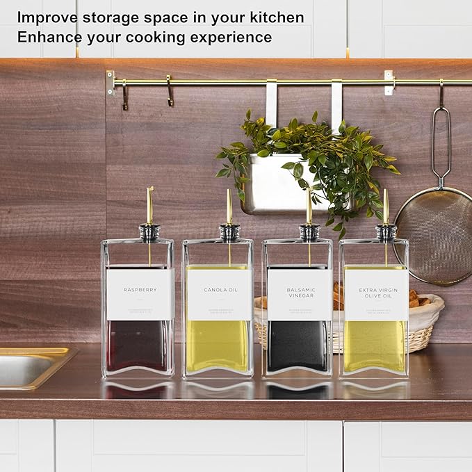 Olive Oil Dispenser for Kitchen, 16.9 oz/ 500 ml Olive Oil Dispenser Bottle, Glass Oil Bottles for Kitchen with 8 Stainless Steel Pourers, 40 Labels, 4 Pcs, Gold-Ruum Studio Home