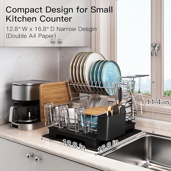 BOOSINY 2 Tier Grey Large Stainless Steel Dish Drainers Drying Rack for Kitchen Counter with Drainboard, Rust Proof Metal, Space Saving, Modern Aesthetic, Compact Plates Strainers with Extra Mat-Ruum Studio Home