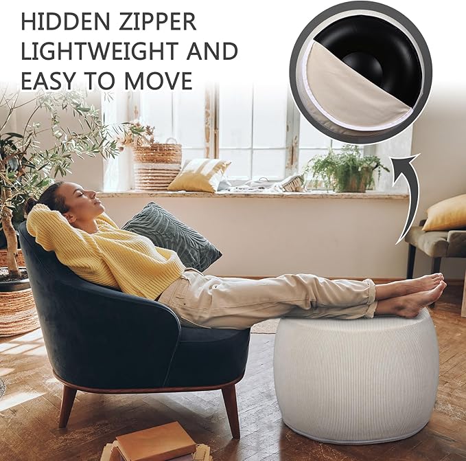 2 Pack Round Inflatable Pouf Ottoman Foot Rest for Couch 20 x 16 Inch Cozy Portable Floor Corduroy Poufs Foot Stool Ottoman with Pump for Living Room Bedroom Chair, Beige-Ruum Studio Home