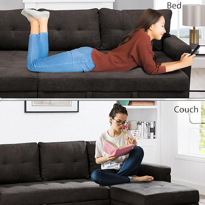Naomi Home Transform Any Space: Sleeper Sectional Sofa with Convertible Sofa Bed & Inviting Chaise. Find Tranquil Comfort with Stress-Relieving Design & Durable Cushions - Espresso/Velvet-Ruum Studio Home