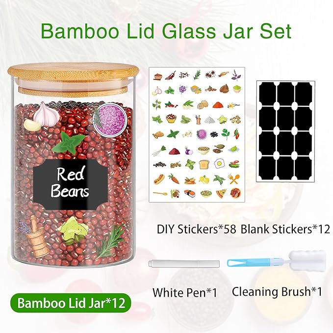 Glass Jars with Bamboo Lids 20 oz, 12 Pcs Stackable Kitchen Glass Pantry Storage Containers with Airtight Bamboo Lids for Rice, Candy, Sugar, Flour, Nuts, Cookie, Bean-Ruum Studio Home