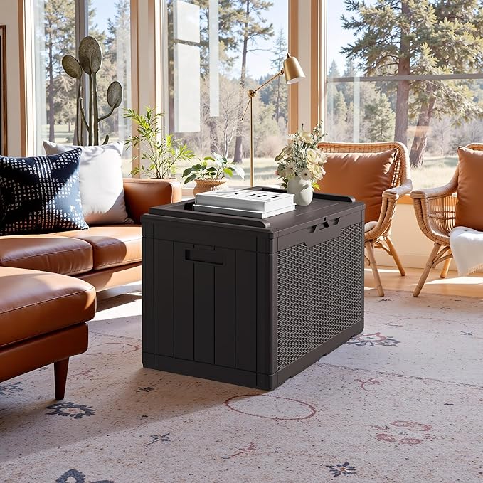 JUMMICO 100 Gallon Resin Deck Box with Cushion, Waterproof Outdoor Storage Box with Lockable Lid for Garden Tools, Patio Cushions (Brown)-Ruum Studio Home