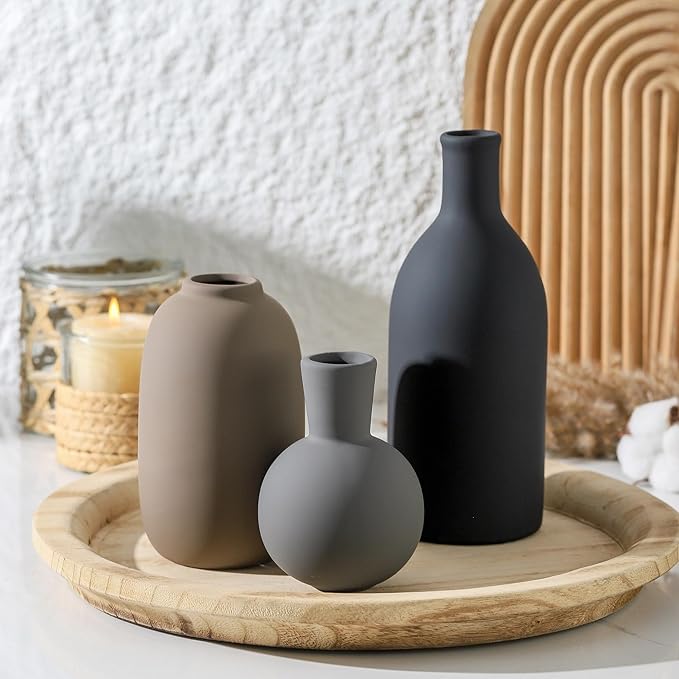 Ceramic Vase Set of 3, Rustic Farmhouse Vases Home Decor Pottery Pampas Vase Decoration Modern Neutral Flowers Vases for Room Decor, Entryway, Living Room, Table, Kitchen, Bedroom - Multicolor-Ruum Studio Home