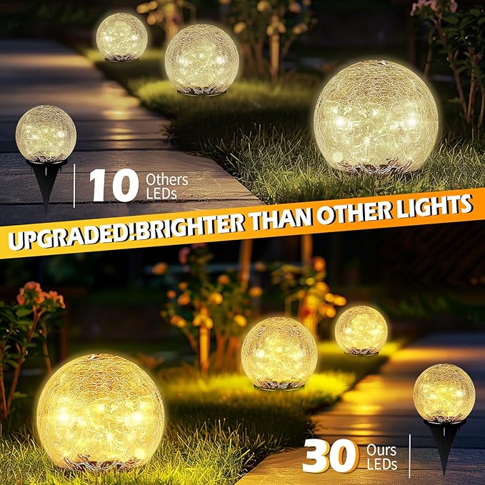 Garden Solar Ball Lights Outdoor Waterproof, 30 LED Cracked Glass Globe Solar Power Ground Lights for Path Yard Patio Lawn, Christmas Decoration Landscape Warm White(2 Pack 3.9'')-Ruum Studio Home