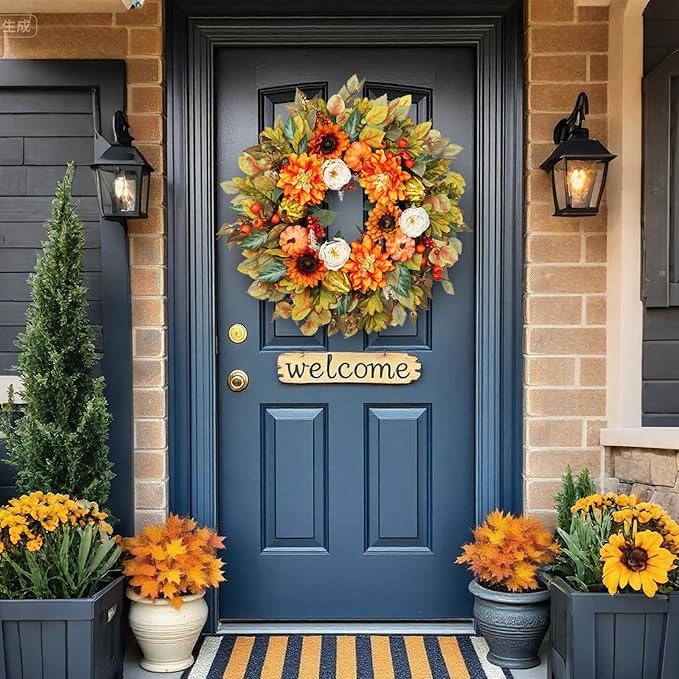 Fall Wreath for Front Door, 24 Inch Autumn Wreath with Pumpkins, Peony, Sunflowers & Dahlias, Fall Decorations for Home, Artificial Flowers Harvest and Thanksgiving Indoor & Outdoor-Ruum Studio Home