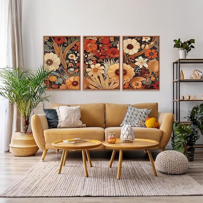 Aurlan Boho Burnt Orange Terracotta Wildflowers Framed Wall Art(24"x36"), 3 PCS Abstract Floral 3D Textured Canvas Artwork, Large Modern Vintage Botanical Nature Art Wall Decor for Home Office Living Room Bedroom-Ruum Studio Home