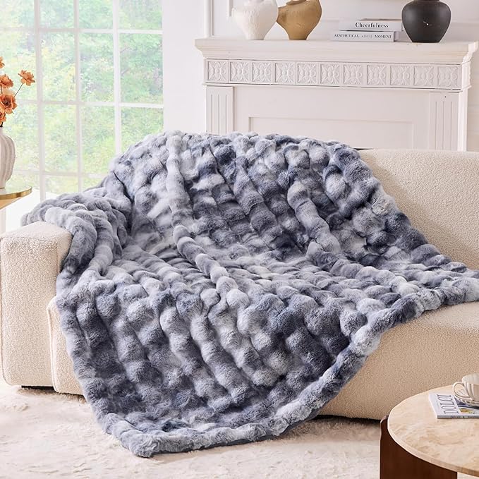 BENVWE Fluffy Faux Fur Throw Blanket for Couch - Soft, Plush, Thick, Cozy, Fuzzy Luxury Minky Bubble Blanket for Home Living Room Decor, Gifts for Women, Tie-dye Light Grey, 63" x 80", 1100GSM-Ruum Studio Home