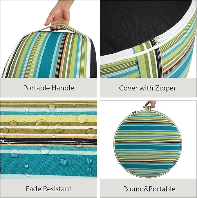FUNHOME Inflatable Outdoor Ottoman with Air Pump,20"x9" Portable Patio Pouf,Water Resistant,Fade-Resistant,Round Blow Up Footrest Stools for Home Garden Camping Travel(Green Stripe)-Ruum Studio Home