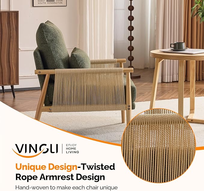 VINGLI Boho Braid Accent Armchair,Mid-Century Modern Chiar with Solid Wooden Armrest,Comfy Louge Cushion Chair with Waist Pillow for Bedroom,Living Room,Reading Room, Dark Green-Ruum Studio Home