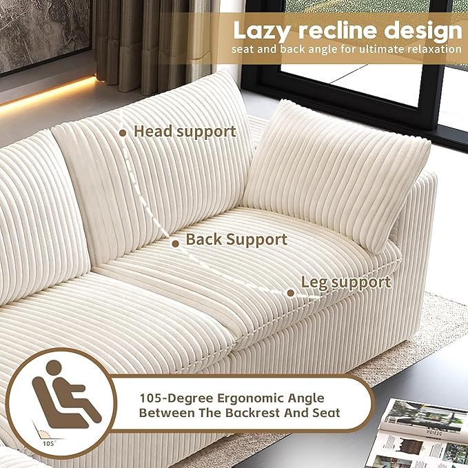 78.74" LoveSeat Cloud Sofa,Modular Sectional Couch,Modern Deep Seat Upholstered Couches with Plush Corduroy Fabric for Living Room Furniture,Bedroom and Apartment,No Assembly Required,White-Ruum Studio Home