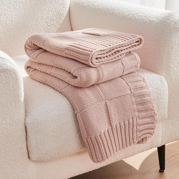 CozeCube Check Knit Throw Blanket, Pink Checkered Throw for Couch, Decorative Christmas Soft Cozy Warm Knitted Blanket for Bed Sofa Living Room, 50"X60"-Ruum Studio Home
