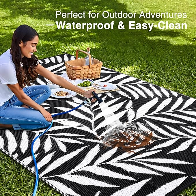OLANLY Waterproof Outdoor Rug 8x10 ft, Reversible Outdoor Plastic Straw Rug with Leaf Pattern, RV Mat, Indoor Outdoor Carpet for Patio, Camping, Balcony, Deck, Backyard, Black & White-Ruum Studio Home
