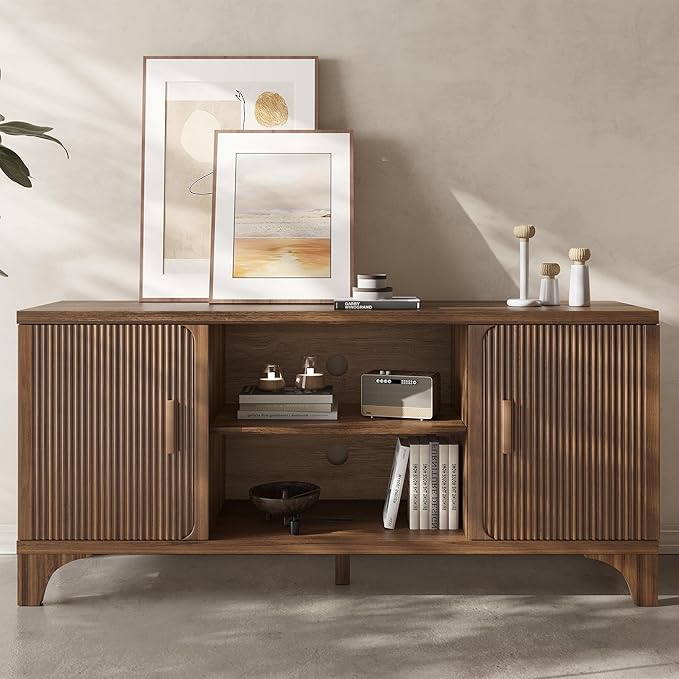 Tall Mid Century Modern TV Stand for 55/65 Inches Television, TV Console with Fluted Doors and Storage, Entertainment Center for Living Room and Bedroom, Dark Brown-Ruum Studio Home