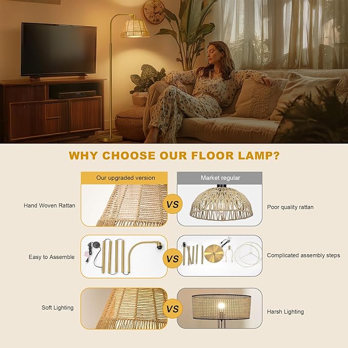 Oneach Arc Floor Lamp for Living Room,Rattan Boho Floor Lamp with Hand-Woven Wicker & Fabric Shade, Foot Switch,Gold Metal Base & Pole,Farmhouse Standing Lamp for Bedroom Corner,Office,Reading-Ruum Studio Home