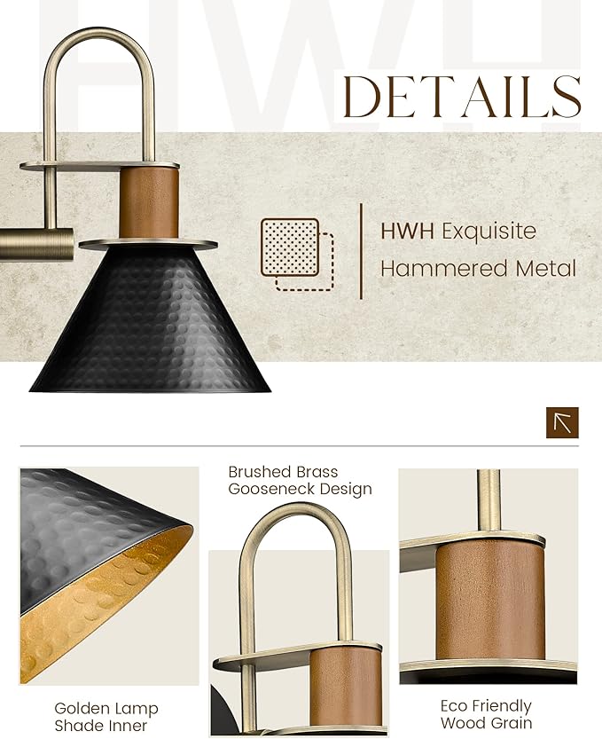 Black Wall Sconce, HWH Industrial Indoor Wall Light Fixture, Single Wall Vanity Light Gooseneck Barn Wall Lamp with Hammered Metal Shade, Black and Gold Finish, 5HZG74B BK+BG-Ruum Studio Home