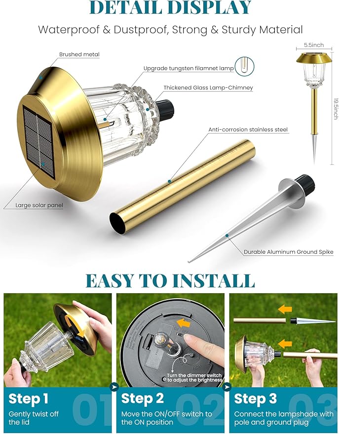Solar Lights Outdoor Waterproof,6 Pack Gold Solar Pathway Lights with 10-40 LM Dimmable Glass and Metal, Solar Powered Garden Fall Decor for Yard,Patio,Pathway,Driveway(Warm White)-Ruum Studio Home