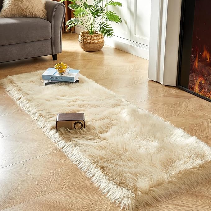 AMTOVO Faux Fur Rug, Beige Ultra Soft Fluffy Shag Sheepskin Rug, 2 x 6 ft Runner Area Rugs for Bedroom Sofa Throw Cushion Room Decor, Rectangle-Ruum Studio Home
