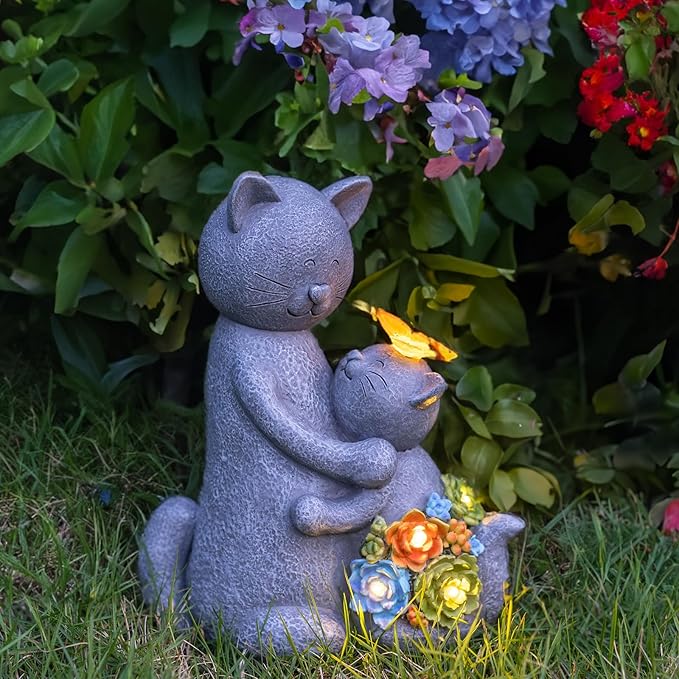Solar Garden Statues Loving Cat Figurine Lights for Outside, Yard Decorations Outdoor, Garden Decor Unique Mothers Day Birthday Housewarming Gifts for Mom, Women-Ruum Studio Home