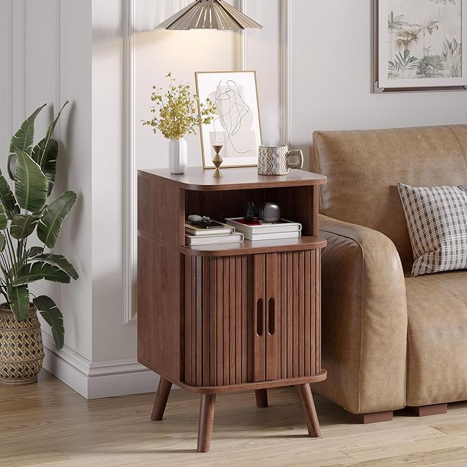 Alohappy Fluted End Table Set of 2, Mid Century Modern Nightstand with Sliding Tambour Door, Curved Round Edge Wood Bedside Table for Bedroom, Side Tables with Storage for Living Room, Walnut-Ruum Studio Home