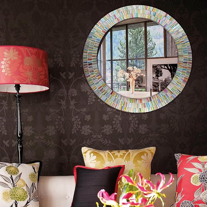 Bohemian Rainbow Wall Mirror -Glass Mosaic Mirror Decorative Wall Mirror, Multi Color Spectrum Wall Mountable, 24" Multi-Color Round Framed Mirror-Ruum Studio Home