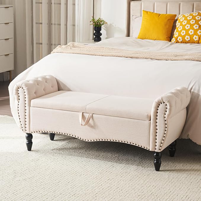 Furniliving Storage Ottoman Bench for Bedroom, Upholstered End of Bed Bench with Solid Wood Legs Modern Shoe Storage Bench Indoor Bench for Living Room Entryway Bench Furniture,Beige, Linen-Ruum Studio Home