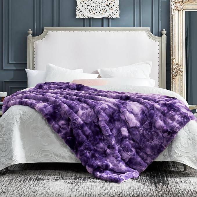 Cozy Bliss Faux Fur Throw Blanket for Couch, Fuzzy Soft Plush Thick Bubble Blanket for Sofa Bedroom Living Room, 60 * 80 Inches Tie-dye Purple-Ruum Studio Home