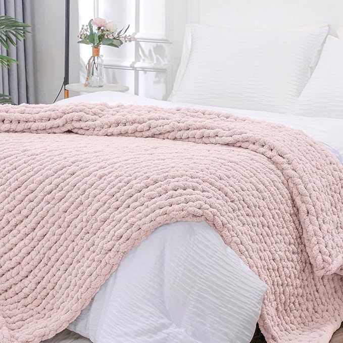 Bigacogo Chunky Knit Throw Blanket for Couch, 51x63 inches, 100% Hand Knitted with Thick Jumbo Chenille Yarn, Cozy Soft Large Rope Knot Cable Crochet Blankets for Sofa Bed Living Room, Rose Tan-Ruum Studio Home