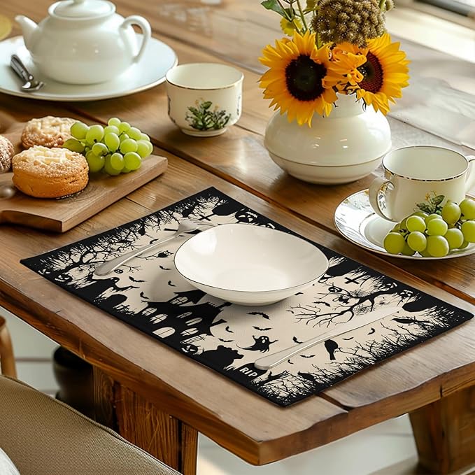 Halloween Placemats 12x18 Inch Set of 4 Black White Witch Castle Ghost Place Mats Spooky Haunted House Bats Tree Crow Table Mat for Party Kitchen Dining Outdoor Indoor Decor-Ruum Studio Home