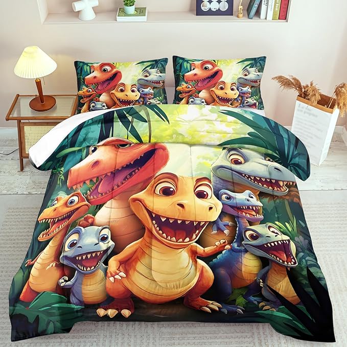 Dinosaur Comforter Set Queen Boys,Cartoon 3D Dinosaur Bedding Set Queen Bed Kids,3D Dragon Comforter Dragon Quilt Pattern Bedroom Decor,Cute Animal Bedding Kawaii Animal Quilt Girls-Ruum Studio Home