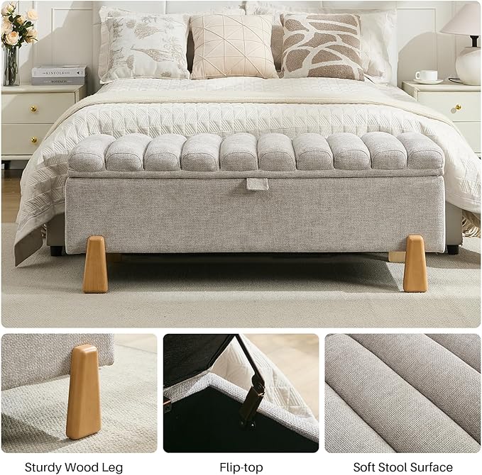 Storage Ottoman Bench, Bedroom Storage Bench Foot Rest with Legs, 17.1 x 48.6 x 18.5 Inches, End of Bed Bench, Load up to 500 lb, for Living Room, Bedroom, Entryway, Light Gray-Ruum Studio Home