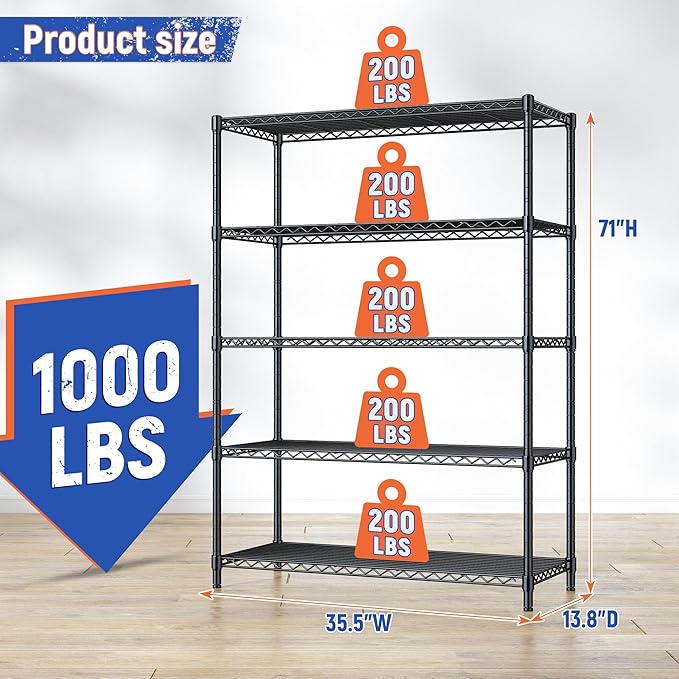 5 Tier Storage Shelves 71"H Wire Shelving Adjustable Metal Shelving,1000LBS Pantry Shelves Sturdy Steel Wire Shelf for Kitchen Commercial Pantry Garage Warehouse ,71"H X35.5"W X13.8"D, Black-Ruum Studio Home