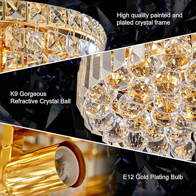 4-Light Gold Crystal Chandeliers Flush Mount Chandelier Light Fixture with K9 Crystals Modern Ceiling Lights Elegant Round Lamp for Bedroom,Hallway,Bar,Living Room,Dining Room,H5.9 xW13.7-Ruum Studio Home