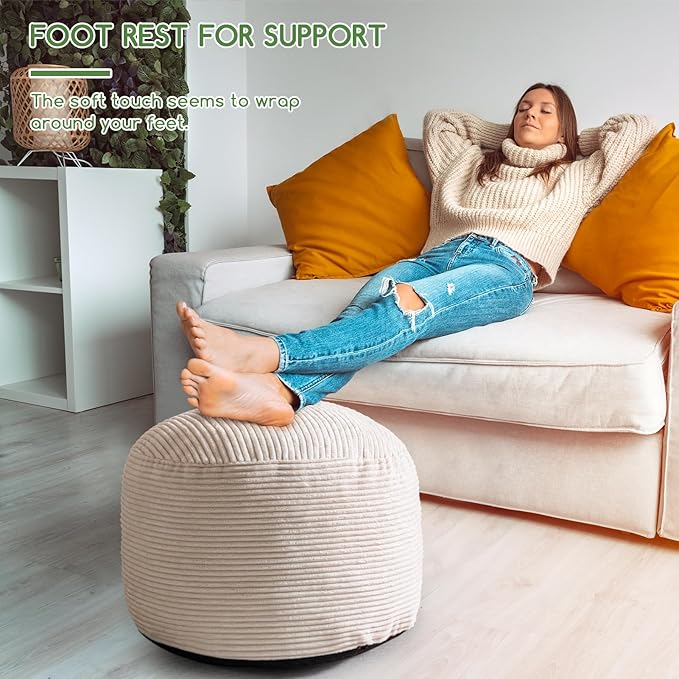 HIGOGOGO Round Stuffed Pouf Ottoman, Corduroy Poufs with Foam Chunk Filling, Furry and Fluffy Pouf Foot Stool Storage Ottoman, 26 X 18 Floor Poufs Foot Rest for Living Room, Beige-Ruum Studio Home