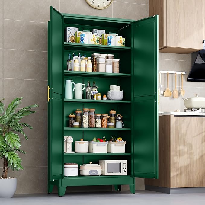 Kitchen Pantry Storage Cabinet with Doors and Adjustable Shelves, Metal ClosetMaid Food Pantry Cabinets, 75" Tall Freestanding Cupboard for Kitchen, Laundry or Utility Room, Green-Ruum Studio Home