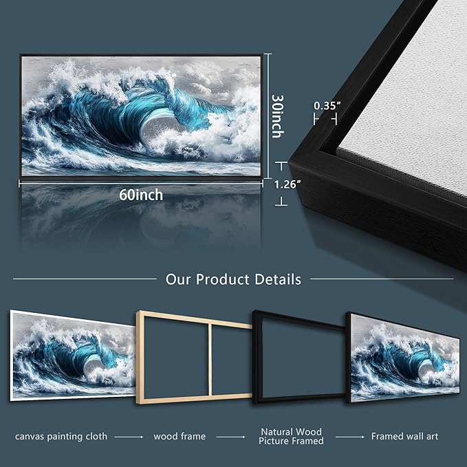PHAOHUAXM Large Canvas Blue Wave Paintings Wall Art For Living Room Wall Decoration For Bedroom Ocean Wall Pictures Printing Office Decorations Posters Modern Home Decor Black Framed 30x60 In-Ruum Studio Home