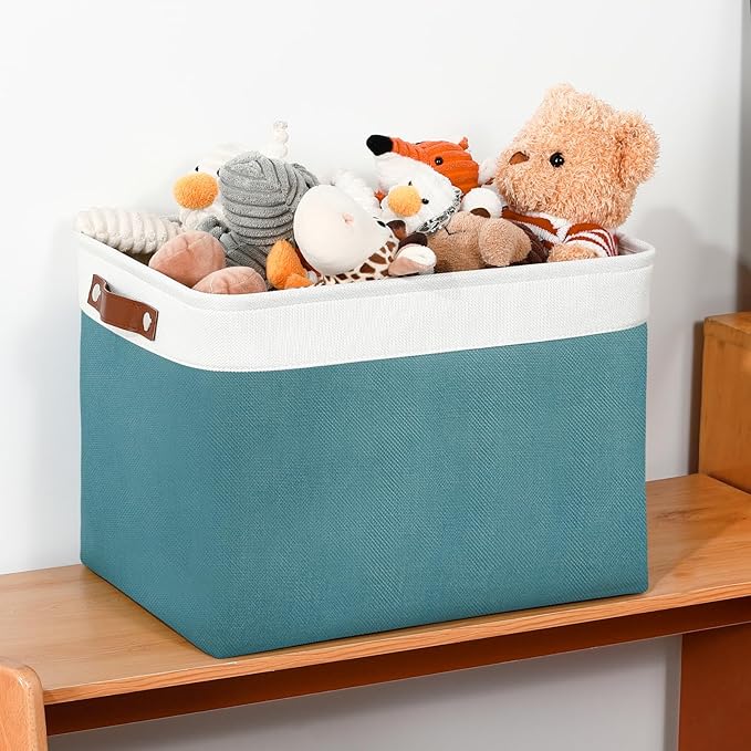 DULLEMELO Large Storage Basket, Collapsible Storage Bins Decorative Storage Baskets for Home Shelves Bedroom, Linen Fabric Basket with Leather Handles for Toys Books Organizing(White&Teal-Ruum Studio Home