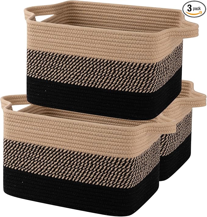 OIAHOMY Storage Basket, Woven Baskets for Storage, Cotton Rope Basket for toys,Towel Baskets for Bathroom - Pack of 3, Black & Brown-Ruum Studio Home