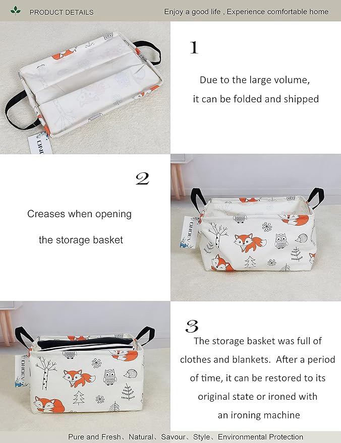 Rectangular Folding Laundry Basket,waterproof Canvas Basket,gift basket,Suitable for children's room,Office,Clothes,Toys Storage（Fox）-Ruum Studio Home
