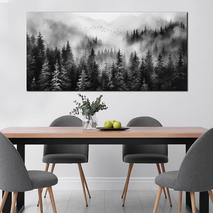 Large Pictures for Living Room Foggy Forest Canvas Wall Art for Bedroom Black Home Office Wall Decor 29 x 59 Inch-Ruum Studio Home