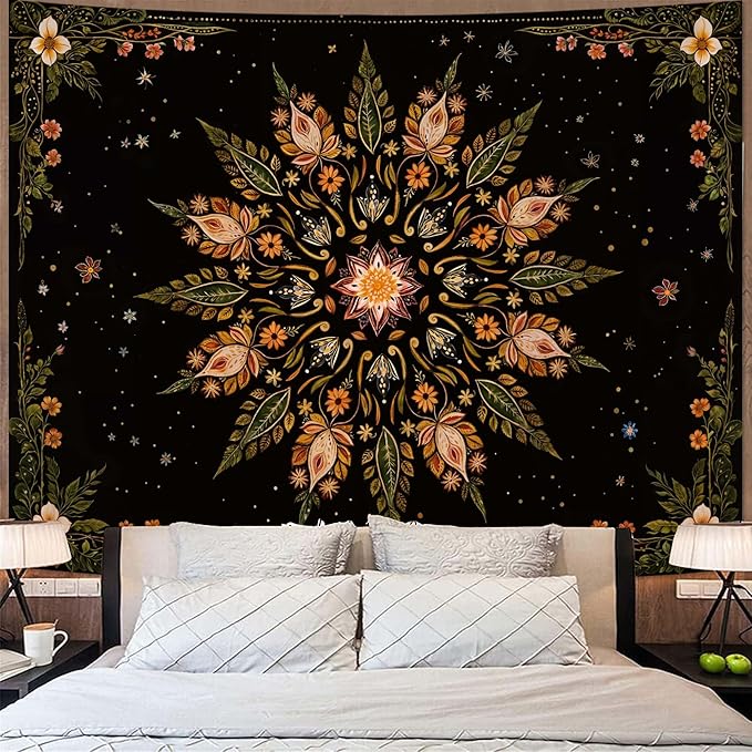 Fowocu Boho Floral Mandala Tapestry for Bedroom Aesthetic Vintage Bohemian Flower Wall Tapestry Black Green Hippie Indian Extra Large Tapestries Wall Hanging for Living Room Dorm Decor 90 x 68 Inch-Ruum Studio Home