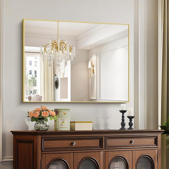 30x40In Gold Bathroom Mirror for Wall, Brushed Gold Rectangle Mirrors with Metal Frame, Bathroom Rectangular Mirror Modern Wall Mirror for Bedroom Living Room, Hangs Horizontal or Vertical-Ruum Studio Home