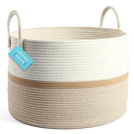 OrganiHaus Boho Woven Basket for Blankets and Laundry, Decorative Large Storage Bin for Living Room, Nursery Basket for Toys & Clothes, Soft Cotton Rope with Handles 20x13 inches - Striped Honey-Ruum Studio Home
