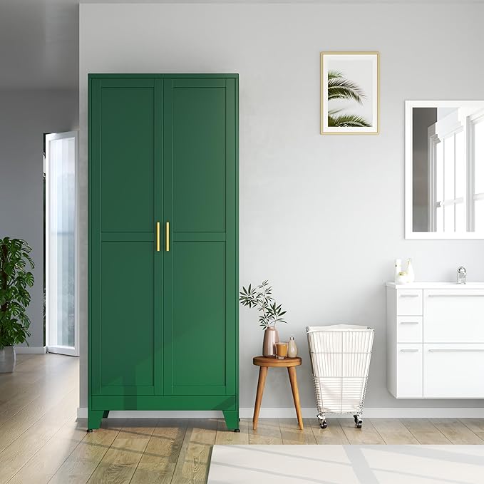 Kitchen Pantry Storage Cabinet with Doors and Adjustable Shelves, Metal ClosetMaid Food Pantry Cabinets, 75" Tall Freestanding Cupboard for Kitchen, Laundry or Utility Room, Green-Ruum Studio Home